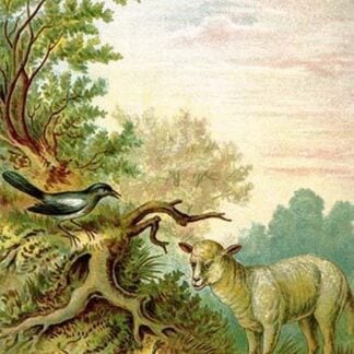 A Raven looks on as a Lamb scares a frog who jumps into the water by Anton Hochstein