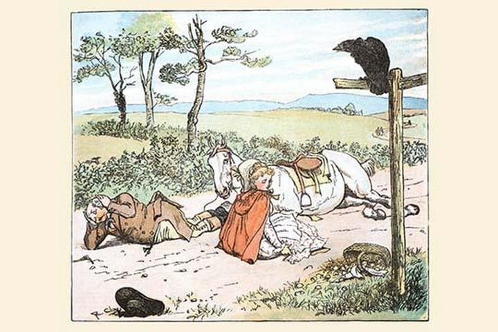 A Raven spooked the Farmers horse and he tumbled to the ground with his daughter by Randolph Caldecott