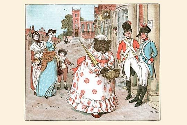 A She bear in Human clothes walks down the street passed soldiers by Randolph Caldecott