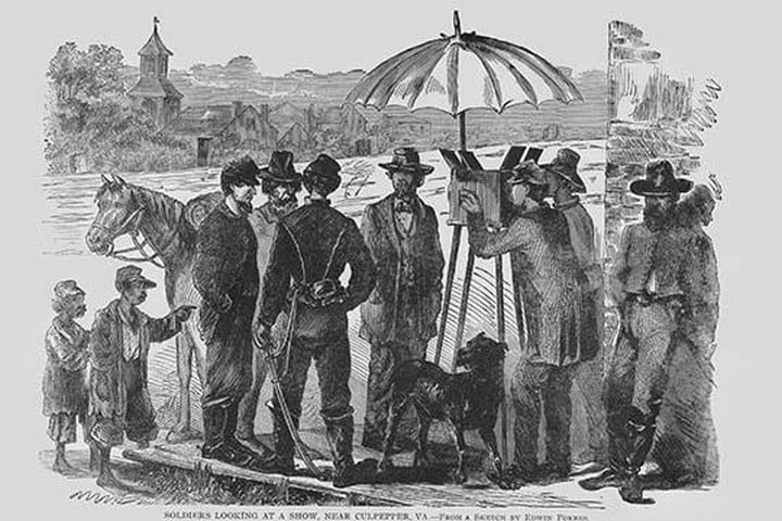 African American Children & Soldiers are amazed by Photographic cameras by Frank Leslie