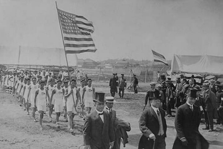 American & Filipino Athletes March Behind Japanese Dignitaries