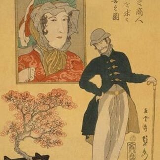American Merchant Delighted with Miniature Cherry Tree (Amerika no shonin shoju no sakura o motomete oi ni kanki no zu) by Utagawa Sadahide