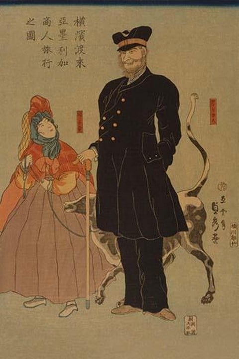American Merchant Strolling in Yokohama (Yokohama torai Amerika shonin ryoko no zu) by Utagawa Sadahide