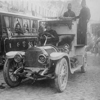 Armored Automobile juxtaposed with Trolley Car & Horse Team on a City Street in Turkey