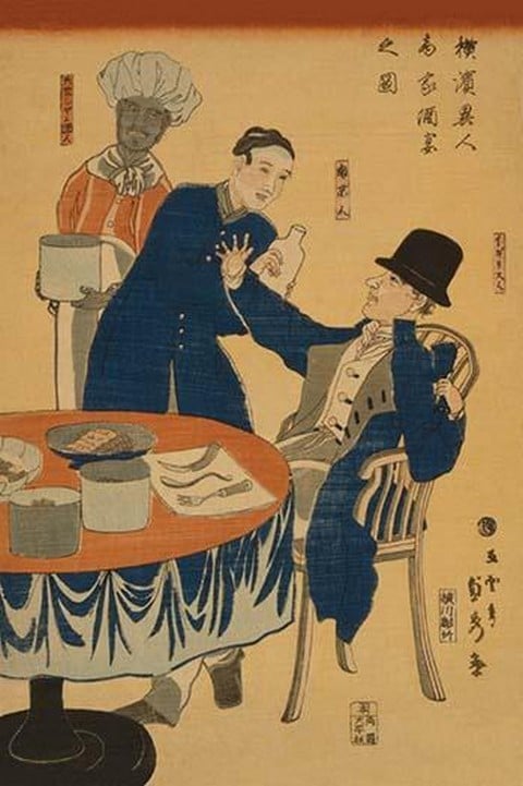 Banquet at a foreign mercantile house in Yokohama (Yokohama ijin shoka shuen no zu) by Utagawa Sadahide