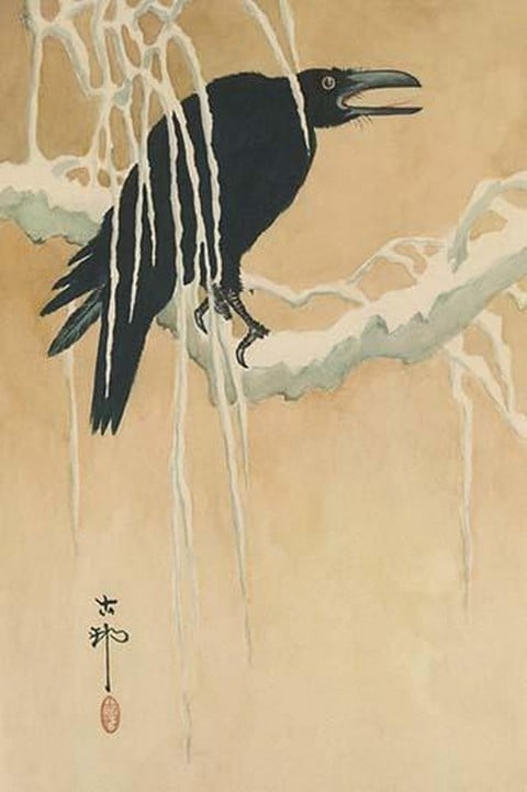 Blackbird in snow by Koson Ikeda