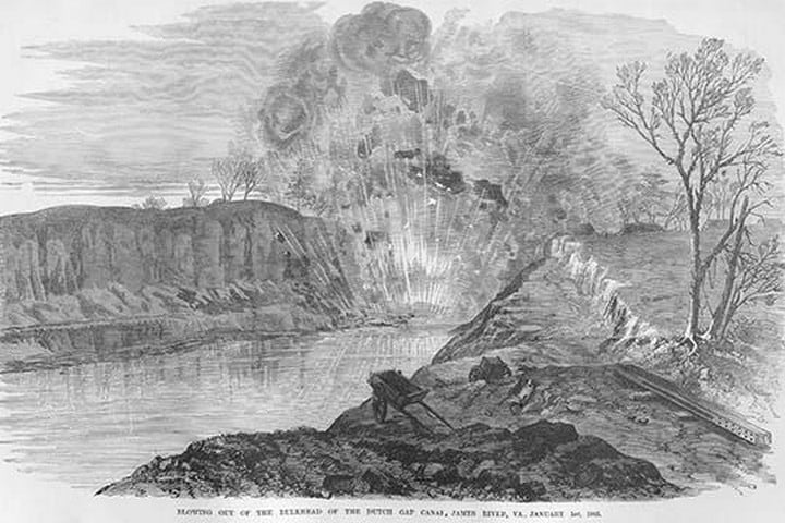 Blowing out the Bulkhead of Dutch Gap Canal by Frank Leslie