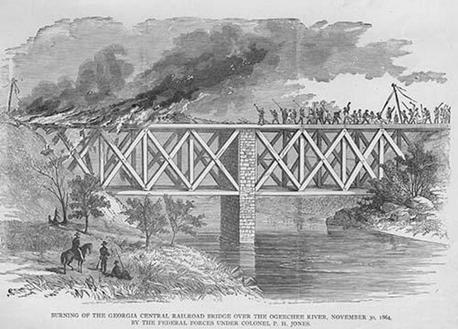 Burning the Georgia Central Railroad Bridge over Ogeechee River by Federal Forces under Colonel Jones by Frank Leslie