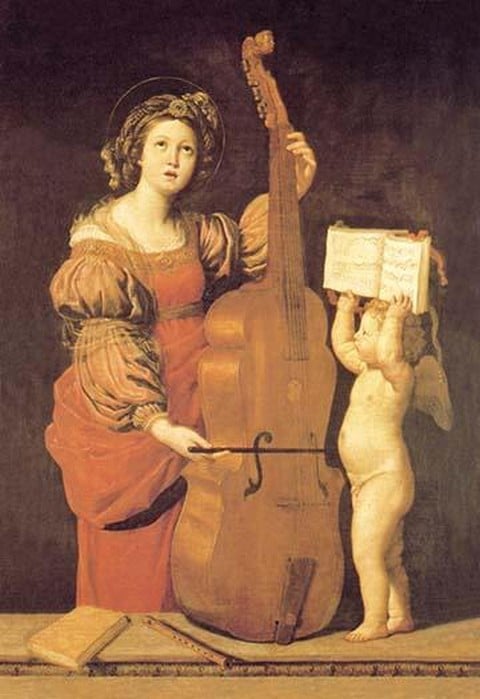 Cherub Holds Music Book for Woman Playing the Cello
