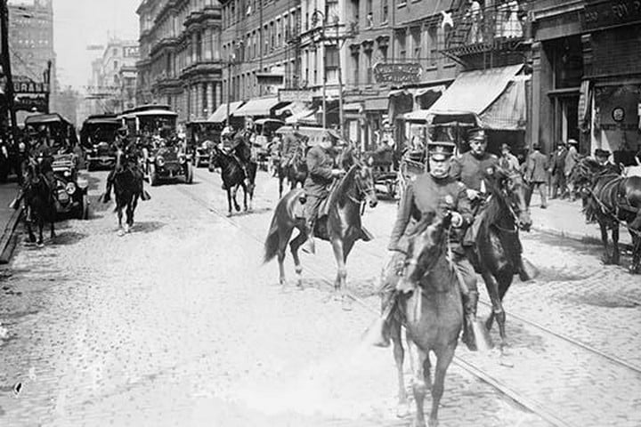 Chief of Police Copelan Mounted on Horseback Protects Trolleys in Cincinnati Strike