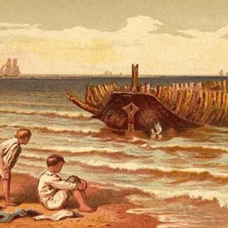 Childen play on the Beach near the hulk of a wrecked boat with its ribs exposed by Kronheim & Dalziels