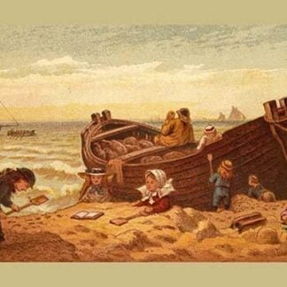 Children make piles of sand at the Beach beside a fisherman's rowboat by Kronheim & Dalziels