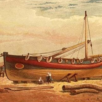 Children sit below a large drydocked boat on the Beach by Kronheim & Dalziels