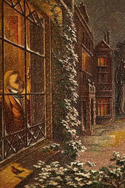 Christmas Eve and a Robin rests on the window sill in the falling snow by Kronheim & Dalziels