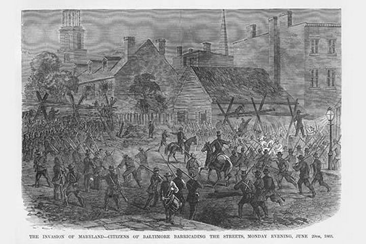 Citizens of Baltimore Barricade the Streets at the Invasion of Maryland by Frank Leslie