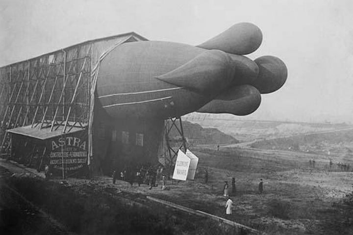 Clement Bayard Dirigible half way in Hangar