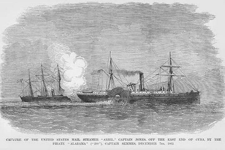 Confederate Admiral Semmes on the Alabama captures Steamer Ariel off of Cuba by Frank Leslie