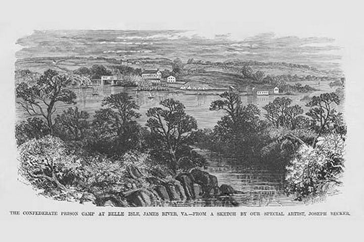 Confederate Prison at Belle Isle on the James River by Frank Leslie