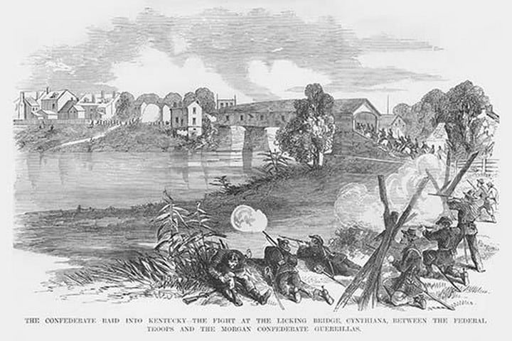 Confederate Raid into Kentucky at Licking Bridge against Morgan Guerillas by Frank Leslie