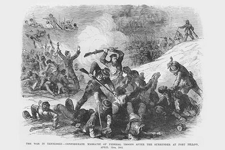 Confederate Troops Massacre at Fort Pillow; Black troops Massacred by Nathan Bedford Forest by Frank Leslie