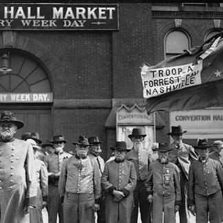 Confederate Veterans Reunion; old men in un Uniforms front of Nashville Convention Hall Market