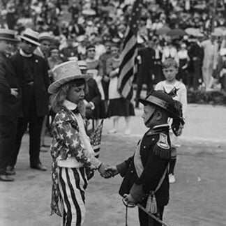 Costumed Child dressed as Uncle Sam welcomes another toddler representing the Italian community of the United States for an Italy-American Friendship Even held in New York City