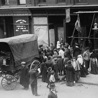 Crowd gathered in front of butcher shop during meat riot