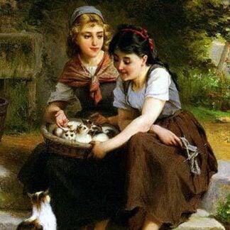 Deux Fillies Avec un Panier de Chatons by Emile Munier