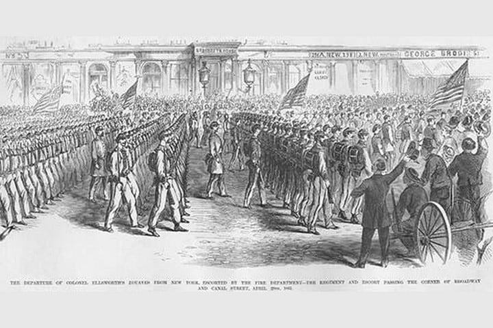 Ellsworth's New York Zouaves Depart New York escorted by Fire Department by Frank Leslie
