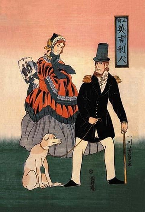 English Couple with Dog Look at Painting