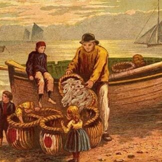 Fisherman dumps fish into baskets as Children watch by Kronheim & Dalziels