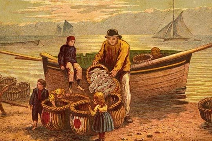 Fisherman dumps fish into baskets as Children watch by Kronheim & Dalziels