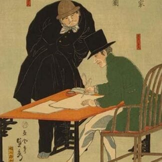 Foreigners in Yokohama draw up contract in mercantile house (Yokohama shoka komojin sho a mitomu no zu) by Utagawa Sadahide
