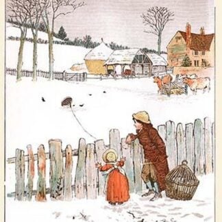 Four & Twenty Blackbirds; Children look at blackbirds in the field of snow by Randolph Caldecott