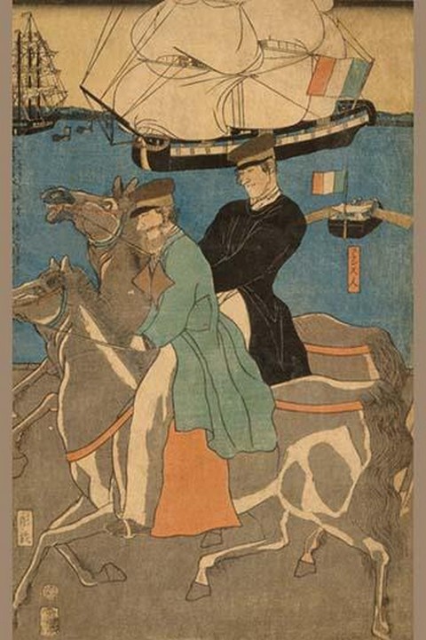 French men Taking Horse Ride on Sunday in Yokohama (Yokohama kyujitsu Furansujin uma yuko) by Utagawa Sadahide