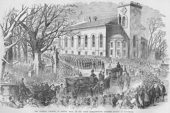Funeral Cortege by Church for Massachusetts Soldiers killed at Baltimore by Frank Leslie