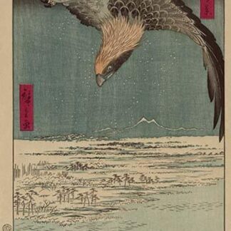 Hawk flying above a snowy Landscape along the coastline. by Utagawa Hiroshige