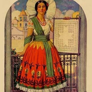Hispanic holds up a lace design on a frame by Needlecraft Magazine