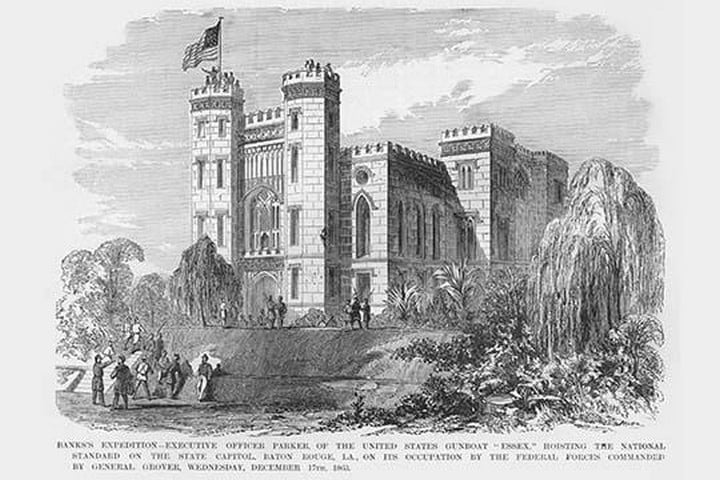 Hoisting the Stars & Stripes over the State Capitol in Baton Rouge Louisiana by Frank Leslie