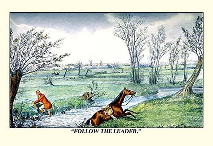 Horse and Rider Climb out of the Stream on Different Sides by Henry Thomas Alken