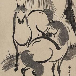 Horses under a willow tree. by Shunsen Katsukawa