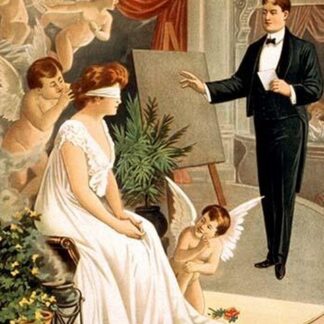 Hypnotist and blindfolded woman with angels on stage by Donaldson Litho