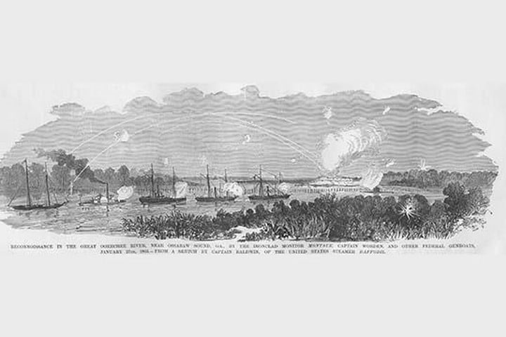 Ironclad Monitor 'Montauk' on Ogeechee River in reconnaissance by Frank Leslie