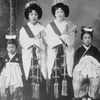 Japanese Mothers with Their Children wear traditional Kimono with Obi & hair combs