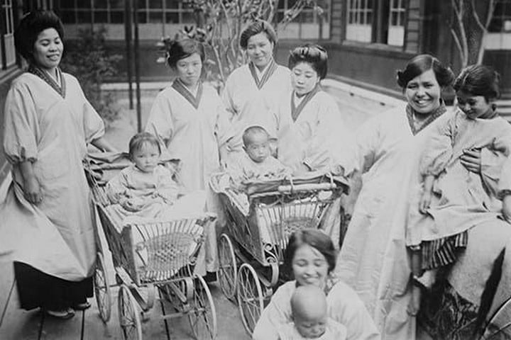 Japanese Mothers with Their Infants in Perambulators or Baby Carriages