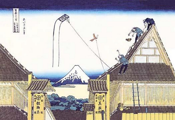 Kite Flying from Rooftop by Katsushika Hokusai