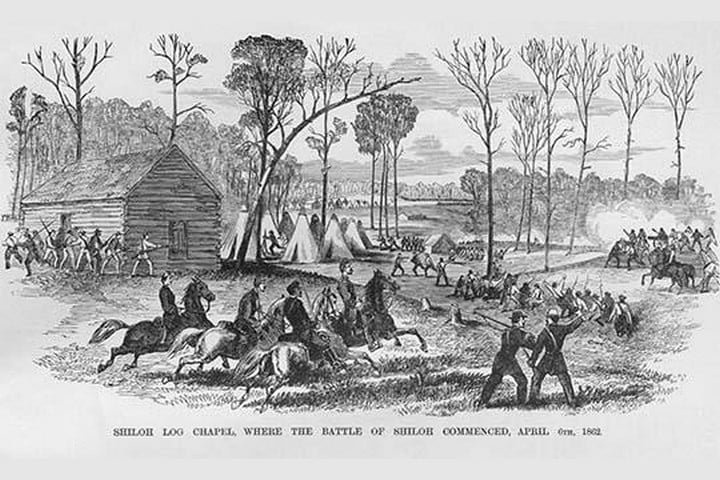 Log Cabin Chapel where the Battle of Shiloh Began by Frank Leslie