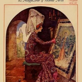 Medieval Girl sews a tapestry by Needlecraft Magazine