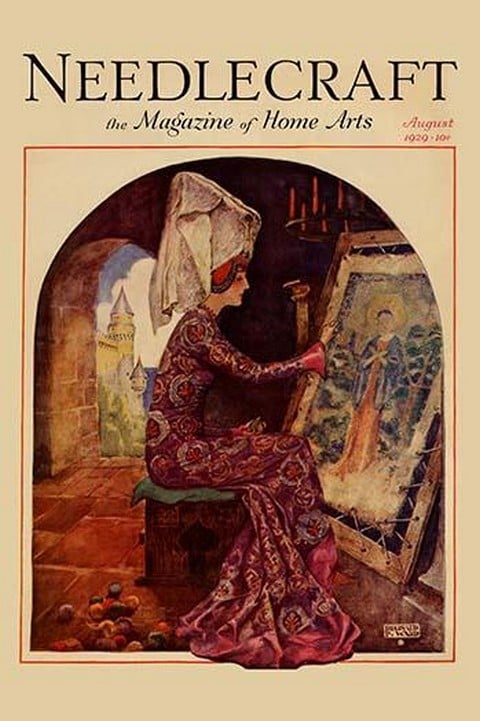 Medieval Girl sews a tapestry by Needlecraft Magazine