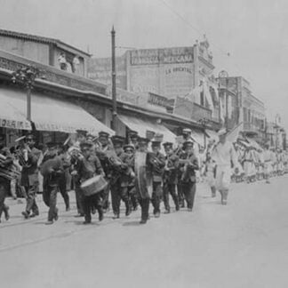 Mexican Band Plays Instruments in front of Marching Columns of U.S. Navy Sailors